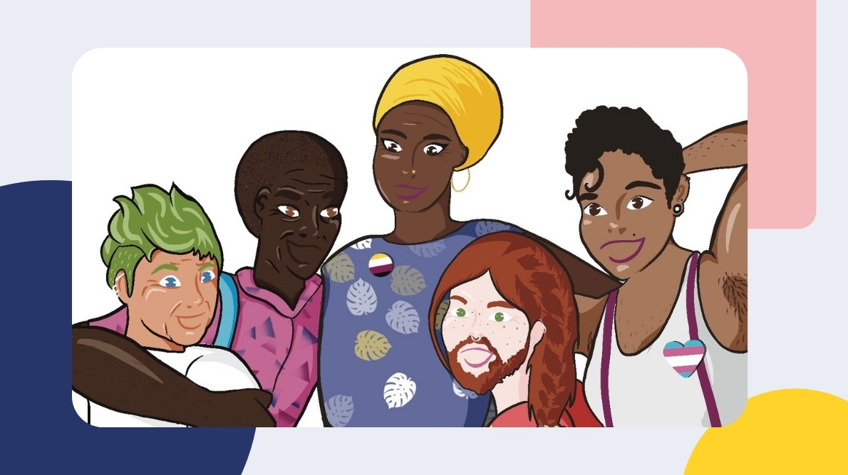 an illustration of 5 people. one person is wearing a non-binary pin. another person is wearing a trans pin